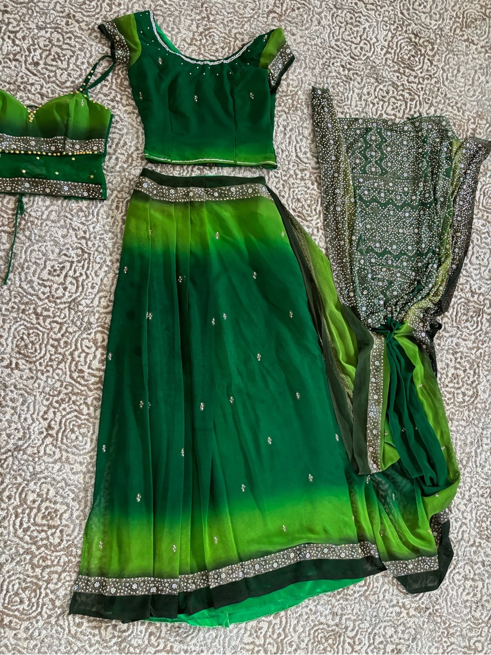 Green Ombre Lehenga Set with Embellished Trim - Women Accessories